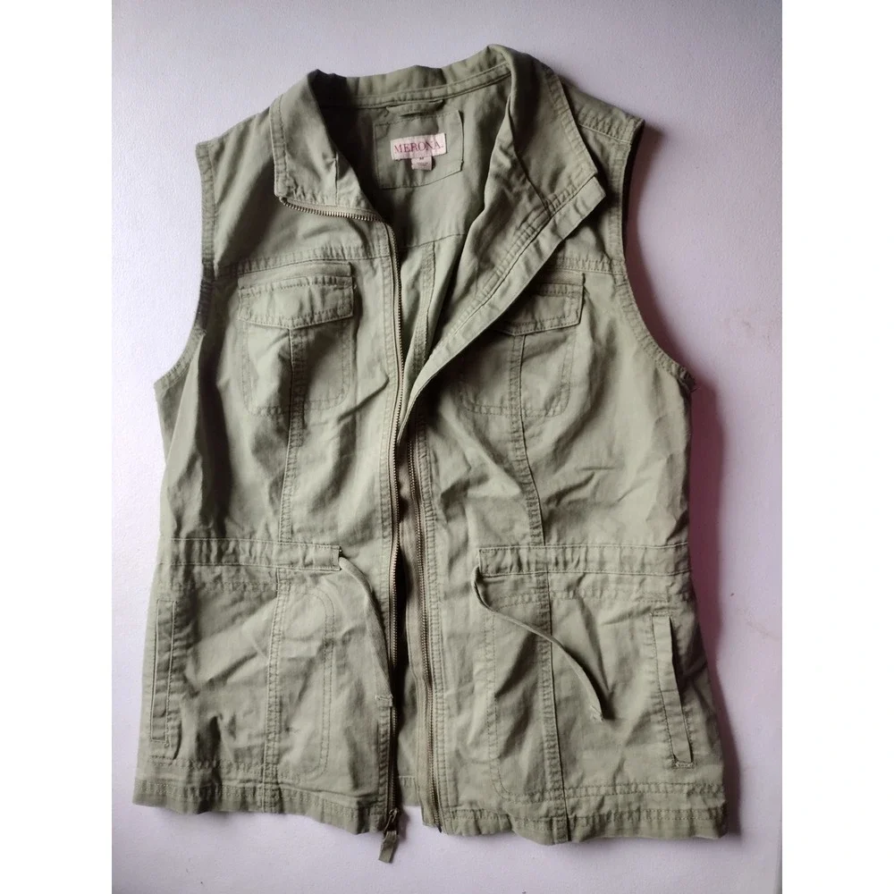 Merona Women's Utility Vest Military Style‎ Olive Green Full Zip Pockets